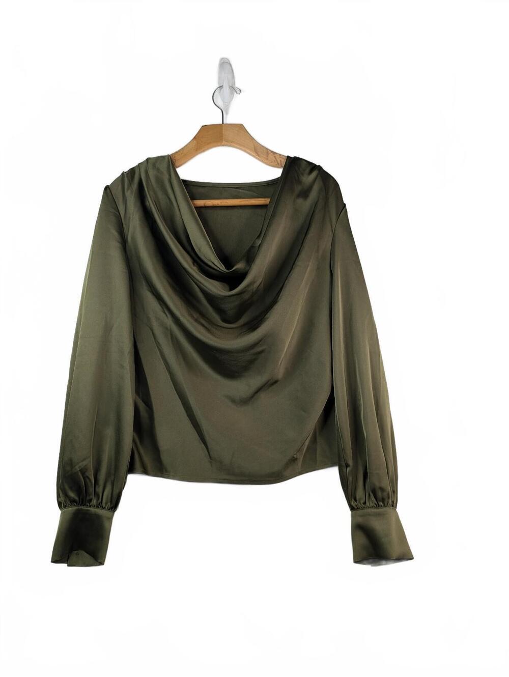 NWT Commense Cowl Neck Satin Long Sleeve Blouse in Olive Green XL